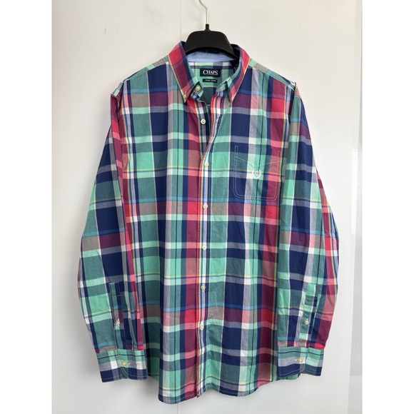 Chaps Ralph Lauren Shirt Men's L Blue Plaid Long Sleeve Button Front‎ Crest Logo - Picture 1 of 5